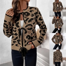 Mode Leopards-Printad Rundhalsad Långärmad Cardigan med Knytband fram