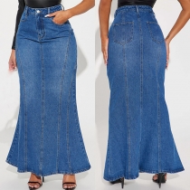 Mode Hög midja Fishtail Kant Gamla tvättad jeanskjol