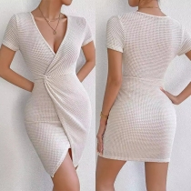 Mode V-hals Kortärmad Asymmetrisk Fåll Bodycon Klänning