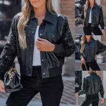 Mode Bling-bling långärmad PU-läder Crop Jacka