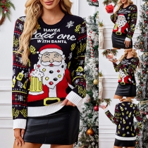 Jultröja med Öl och Tomte-tryck, Rund Krage, Långärmad Stickad Design