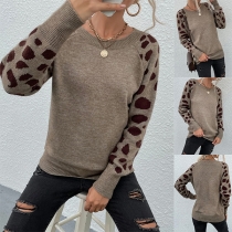 Leopardmönstrad trendig långärmad topp med rund hals