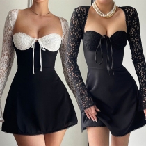 Sexig Spetsklänning med Kontrastfärg och Sweetheart Neckline, Långärmad Mini med Slits