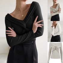 Sexig Korsad V-ringad Långärmad Slim-Fit Blus-Elastisk