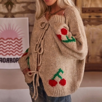 Enfärgad Cherry Stickad Jacquard Cardigan Kofta med Snörning