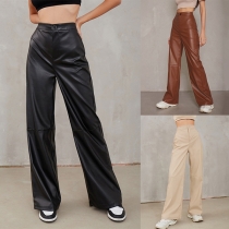 Fashion enfärgade högmidjade raka byxor i läderimitation