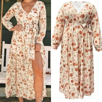 Mode blommönster V-ringad långärmad slits plus size omlottklänning