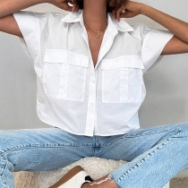 Fashion Stand Krage Keps ärm Bröstlappar Fickor Kort Blus