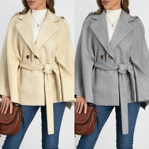 Vintage enfärgad Naggad Kant Dubbelknäppt Batwing-ärm Självknytande Duffle Cape-Jacka
