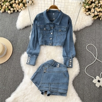 Tvådelad outfit i denim med hög midja – kort jacka och kjolbyxor