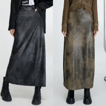 Midi PU-läderkjol med hög midja och slits