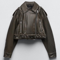 Streetwear Epauletter Långärmad PU Skinnjacka med Bälte