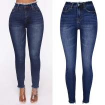 Mode Slitna Hemkant Gammalt Tvättade Slim Fit Jeans