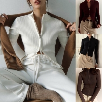 Cardigan med Dragkedja fram, Stativkrage och Långärmad Ribbad Design