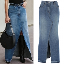 Vintage framslitsad gammaldags jeanskjol