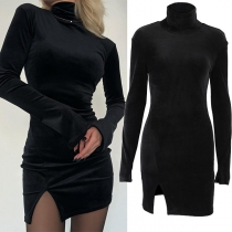 Sexig Hög Hals Långärmad Bodycon Klänning med Slits