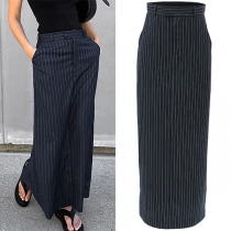 Street Fashion Vertikal randig mid-rise Back Slit Lång kjol