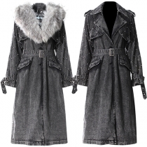 Avtagbar plyschkrage Street Fashion Diamantmönstrad långärmad jeansjacka med vintage tvätt och bälte