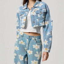 Blommig kort jeansjacka