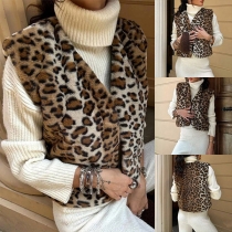 Street Style Leopardmönstrad V-ringad Ärmlös Pälsväst
