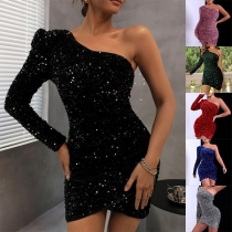 Glamorös Paljetter En-axel Långärmad Asymmetrisk Bodycon Festklänning