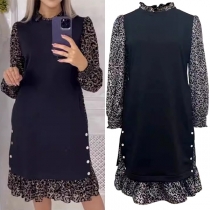 Blommig tryckt trendig skarvsöm Mock Neck Långärmad Volangkantad Mini Klänning