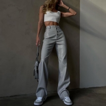 Casual PU-läderbyxor med hög midja i enfärgad design för Raka stil