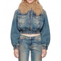 Kort jeansjacka med dragkedja i vintagestil och avtagbar fuskpälskrage