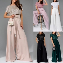Sexig Jumpsuit med Bling-bling Paljetter, Rund Hals, Kortärmad och Självknytande Midja, Vida Ben