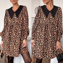 Leopardmönstrad Polo-neck Klänning med Lång Ärm