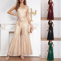 Bling-Bling Mode paljett V-ringad ärmlös jumpsuit med knytband i midjan och vida ben