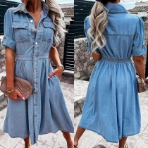 Modest krage Kortärmad knapp fram Vintage-tvättad denimklänning