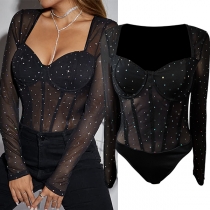 Sexig Bling Sweetheart Ringning Långärmad Halvgenomskinlig Body