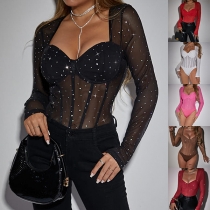 Sexig Bling Sweetheart Ringning Långärmad Halvgenomskinlig Body
