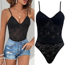 Sexig spets ärmlös V-ringad Cami Bodysuit