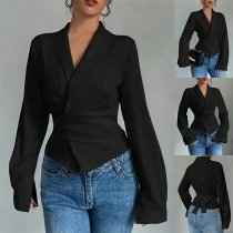 Elegant krage V-ringad långärmad knytbar blus