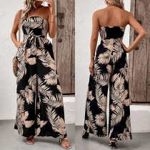 Bohemia Stil Lämna mönstrad Off-shoulder Självknytande Byxdress med vida ben