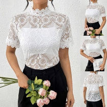 Mock Neck Kortärmad Halvtransparent Jacquard Spetströja