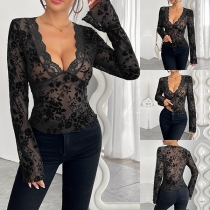 Sexig V-ringad Jacquard-tröja med Spetsdetaljer och Långärmad Design