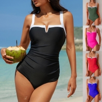 Kontrastfärg Fyrkantig Hals Slits V-ringad Monokini/Baddräkt i Ett Stycke