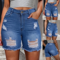 Mode Distressed Frayed Hem Gammalt tvättade jeansshorts