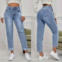 Mode nödvändiga vintage tvättade jeans höghus