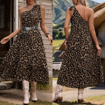 Modernt Streetmode Leopardmönstrad Enaxlad Ärmlös Klänning