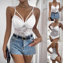 Sexig V-ringad ärmlös spets Cami Bodysuit