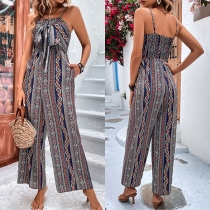 Bohemisk stil blommönstrad jumpsuit med fyrkantig hals och knytband rak modell