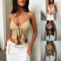 Snygg Jacquard Knutbar V-ringad Volang Crop Top
