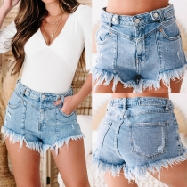 Mode Höghus Frayed Hem Gammalt Tvättade Jeansshorts