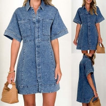 Vintage krage kortärmad patchfickor framknappar tvättad denimklänning