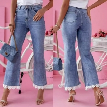 Mode Höghus Spets Splits Fåll Vintage tvättade jeansbyxor