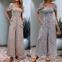 Mode blommig tryckt fyrkantig hals kortärmad smockat livstycke med sidofickor vid jumpsuit